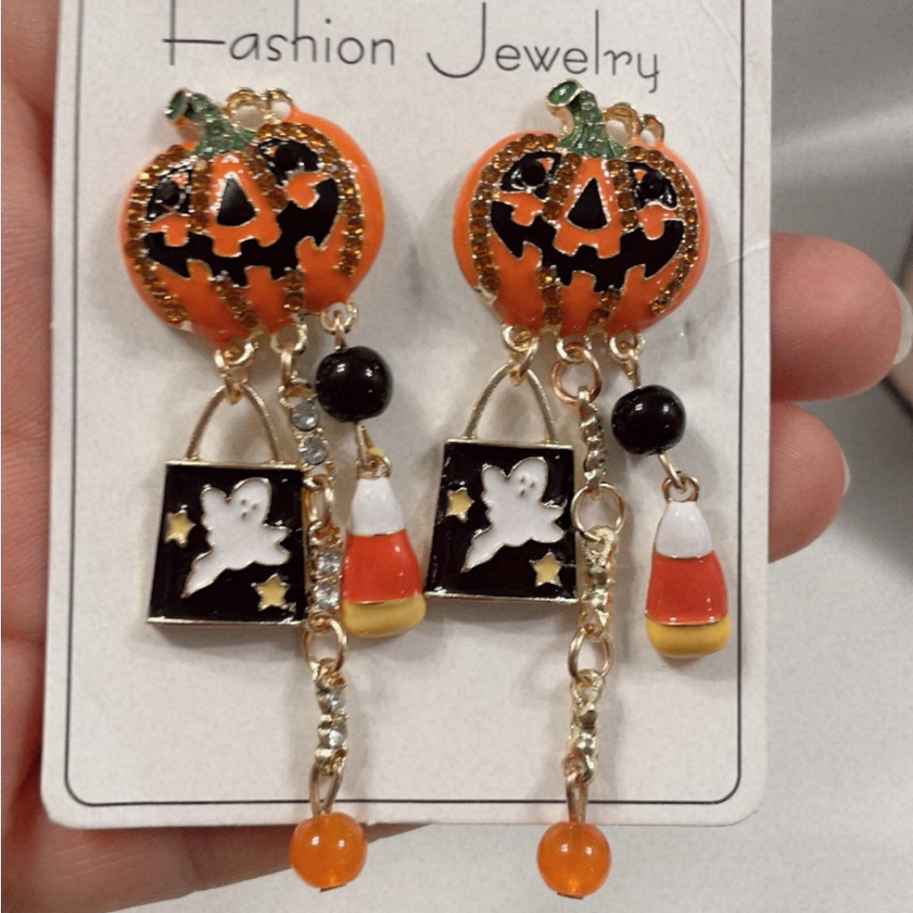 Halloween Funky Pumpkin Head Little Ghost Earrings